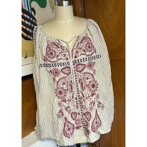 Johnny Was 3J Workshop Tie Blouse Top Sz M L Stripe embroidered tie neck peasant